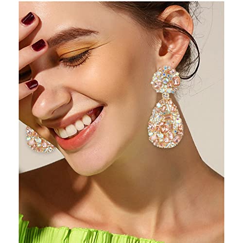 Rhinestone Statement Earrings Teardrop Costume Earrings Cluster Crystal Chandelier Drop Dangle Earrings for Women - color: Pink