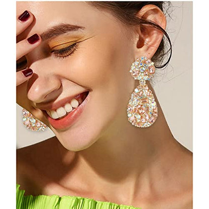 Rhinestone Statement Earrings Teardrop Costume Earrings Cluster Crystal Chandelier Drop Dangle Earrings for Women - color: Pink