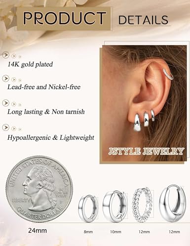 Jstyle Small Hoop Earrings for Women, Gold Silver Earring Stack | 4Pcs Huggie Hoop Earrings Set, Non Tarnish, Chunky Cartilage Earring, Piercing Jewelry, Comfortable Daily Wear - color: Silver Plated