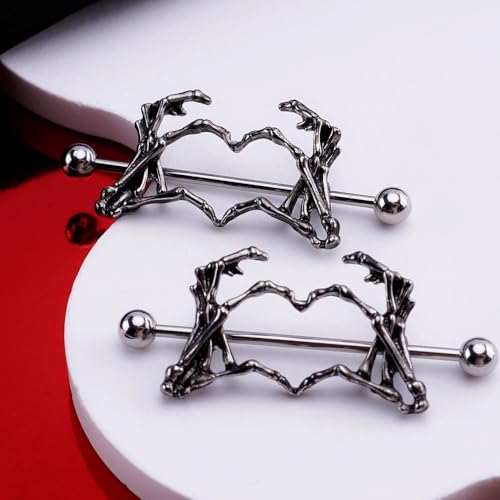 14G Skeleton Hand Heart Nipple Rings for Women Gothic 316L Surgical Steel Nipple Barbell Dark Style Nipple Piercing Jewelry for Halloween