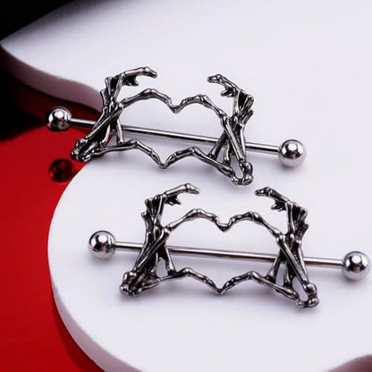 14G Skeleton Hand Heart Nipple Rings for Women Gothic 316L Surgical Steel Nipple Barbell Dark Style Nipple Piercing Jewelry for Halloween