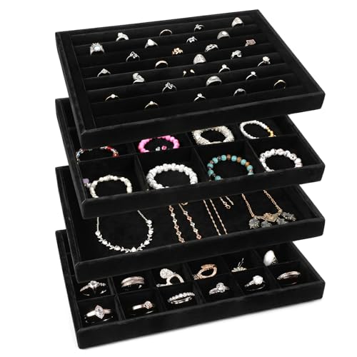 Stackable Jewelry Trays 4 Set Black Drawer Organizer Velvet | versatile 4-piece set, soft velvet lining, space-saving stackable design, customizable organization, easy maintenance