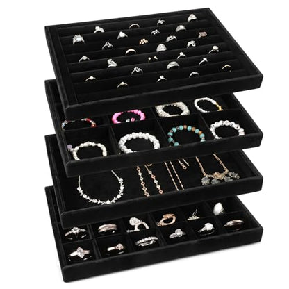 Stackable Jewelry Trays 4 Set Black Drawer Organizer Velvet | versatile 4-piece set, soft velvet lining, space-saving stackable design, customizable organization, easy maintenance