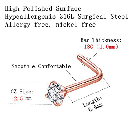 316L Surgical Steel 22g/20g/18g Nose Rings Studs L-Shape Nose Nostrial Piercing Body Jewerly L Shaped Nose Studs 1.5mm 2mm 2.5mm 3mm CZ Nose Screw Studs Rings for Women - style: 6pcs/L-shape/18g/2.5mm Clear CZ/Rose Gold