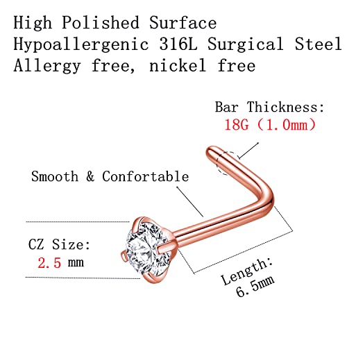 316L Surgical Steel 22g/20g/18g Nose Rings Studs L-Shape Nose Nostrial Piercing Body Jewerly L Shaped Nose Studs 1.5mm 2mm 2.5mm 3mm CZ Nose Screw Studs Rings for Women - style: 6pcs/L-shape/18g/2.5mm Clear CZ/Rose Gold