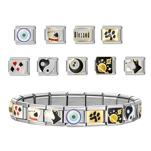 Stainless Steel Italian Charm Bracelet, 18 Link Starter Bracelet 9mm Charms | Italian Charm Bracelet with 9Pcs/20Pcs Charms and Opening Tools, Classic 9mm Modular Charm, Personalized Jewelry Gift - color: D-Silver