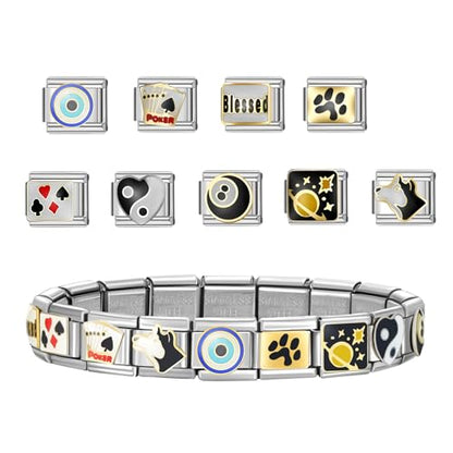 Stainless Steel Italian Charm Bracelet, 18 Link Starter Bracelet 9mm Charms | Italian Charm Bracelet with 9Pcs/20Pcs Charms and Opening Tools, Classic 9mm Modular Charm, Personalized Jewelry Gift - color: D-Silver