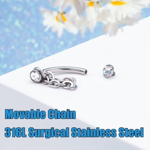 3 Pcs 316L Stainless Steel 16G Tragus Helix Rook Piercing Jewelry with Chain, Cartilage Earrings for Women, Belly Button Ring Vertical Labret Lip Piercing Jewelry - color: Silver, size: Full Setting