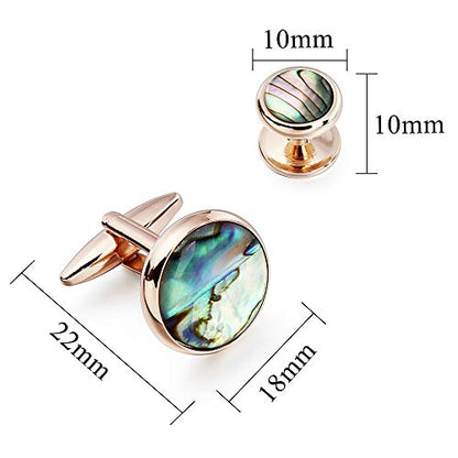HAWSON Cufflinks and Tuxedo Studs Set for Men with Gift Box, Mother-of-Pearl Cuff links for French Cuff Shirt and Dress Shirt, Suitable for Wedding, Birthday, Party - style: Rose Gold & Abalone Shell