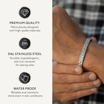 Cuff Bracelet for Men Premium Stainless Steel Mens Bangle Bracelets Silver Cuff Bracelet Waterproof & Non-Tarnish Minimal Western Bracelet - color: Hammered, size: Medium