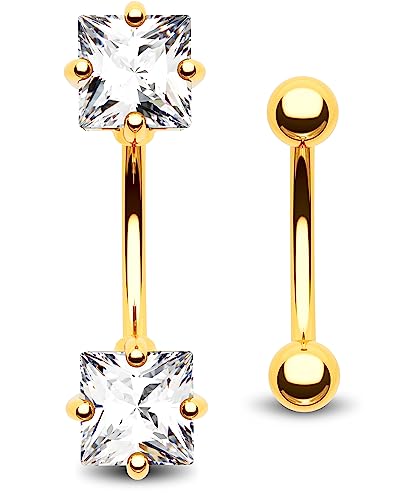 2pcs 16g Small Size Belly Button Rings Pack Surgical Steel Square AAA CZ Curved Barbell Navel Rings New - color: gold