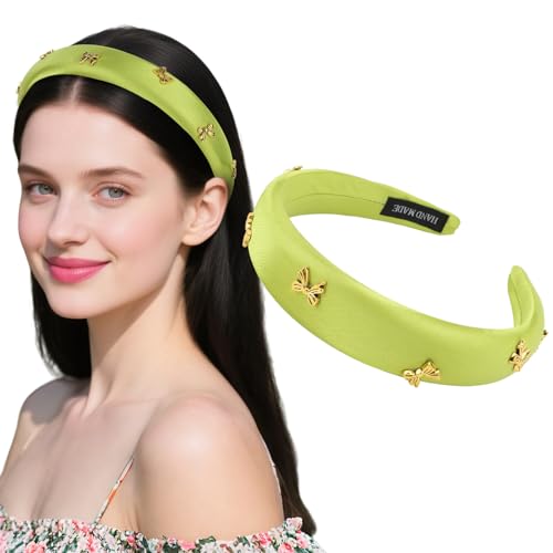 CURASA Padded Headband For Women Cute Non Slip Head Band Soft Sponge Hairband Green Trendy Satin Hairbands Fashion Gold Metal Bow Decorative Hair Hoop Comfortable Elastic Yoga Hair Accessories