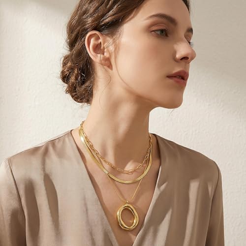 Layered Gold Necklaces for Women,18K Real Gold Plated Trendy Circle Pendant Necklace, Stackable Necklace Stainless Steel Jewelry Gifts for Birthday Valentine's, Mother's Day & Christmas - style: Gold-A