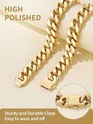 FindChic Cuban Link Chain Necklace for Women Men, Silver/Gold Plated Stainless Steel Solid Miami Curb Chain Hip Hop Punk Statement Jewelry, 5/12/14mm Width, 16/18/20 Inch Length, with Gift Box - color: 06. 14mm-Gold, size: 16inches
