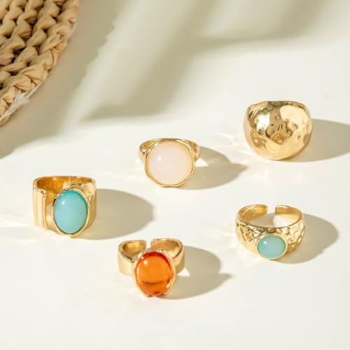 Chunky Gold Gemstone Ring Set for Women Adjustable Stackable Statement Rings Punk Geometric Turquoise Minimalist Jewelry - style: A-Gold