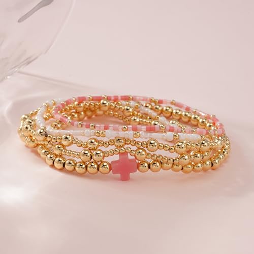 Colorful Gold Plated Stackable Ball Seed Beaded Bracelets Set For Women, Boho Handmade Romantic Stretch Accessories Jewelry, Daily Wear Holiday Party Friendship Gift - color: Pink Cross