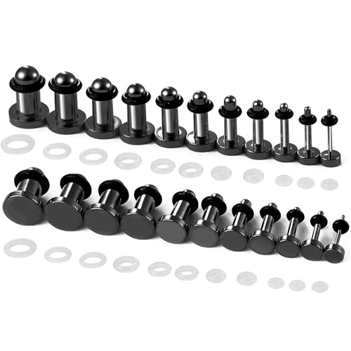 Casvort 22 PCS/16 PCS Hypoallergenic 18G-1'' Comfy Dead Stretching Plugs in 0.5mm Increments Saddle Plugs with Rubber Rings 316 Surgical Stainless Steel Crazy Ear Gauges Body Piercing Jewelry - color: Black 1-6mm 22 PCS