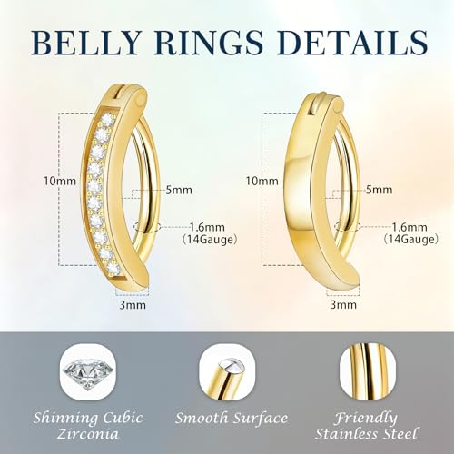 3-12 Pcs 14G Belly Button Rings Belly Rings for Women CZ Opal Navel Rings Belly Piercings Jewelry Belly Barbells Stainless Steel Body Belly Button Piercing Jewelry - color: Gold-2Pcs-14G/10MM