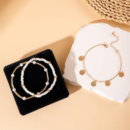 Shell Ankle Bracelet Set for Women,Boho Adjustable Beads Anklet Pack Natural White Shells Stack Stretch Seashell Pearl Starfish Bracelet Set Hawaiian Beach Vacation Foot Jewelry - style: B-Beads Disc 3Pcs