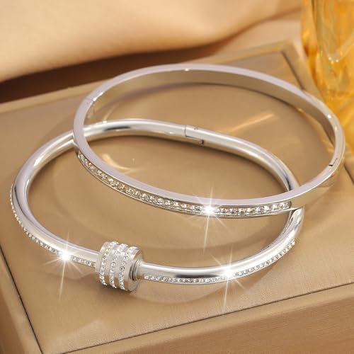 Camhanno Gold Bangles for Women - Stainless Steel Love & Friendship Bracelet Set with Gift Box | Daily Wear & Party Jewelry - color: 2pcs Silver Set Style 2