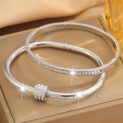 Camhanno Gold Bangles for Women - Stainless Steel Love & Friendship Bracelet Set with Gift Box | Daily Wear & Party Jewelry - color: 2pcs Silver Set Style 2