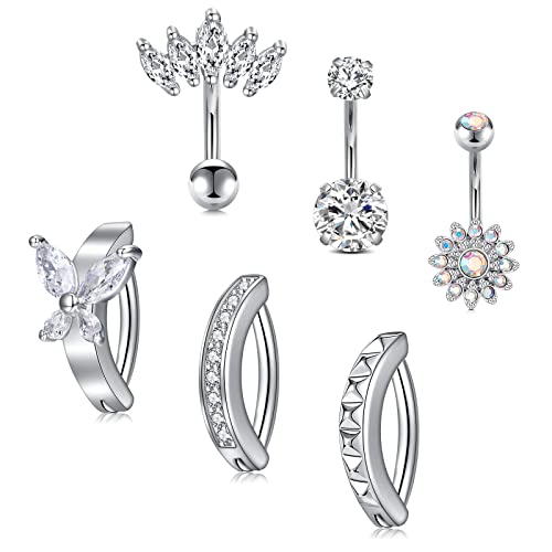 Anicina Belly Button Rings 14G Diamond CZ Belly Rings Surgical Stainless Steel Navel Rings Butterfly Heart Devil Belly Button Piercing Jewelry for Women - color: SetB-silver04