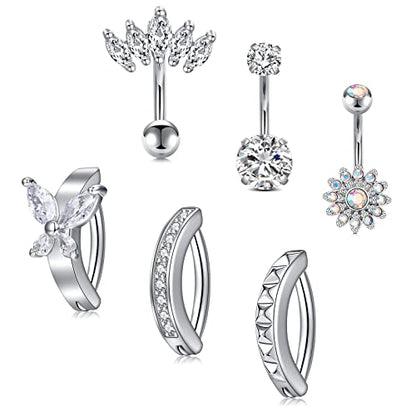Anicina Belly Button Rings 14G Diamond CZ Belly Rings Surgical Stainless Steel Navel Rings Butterfly Heart Devil Belly Button Piercing Jewelry for Women - color: SetB-silver04