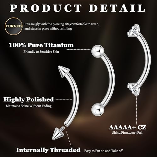6PCS 16G G23 Titanium Eyebrow Piercing Jewelry for Women Curved Barbell Tiny Eyebrow Ring Vertical Labret Belly Lip Tongue Ring Internally Threaded Rook Tragus Daith Earring 6/8/10mm - color: Silver A