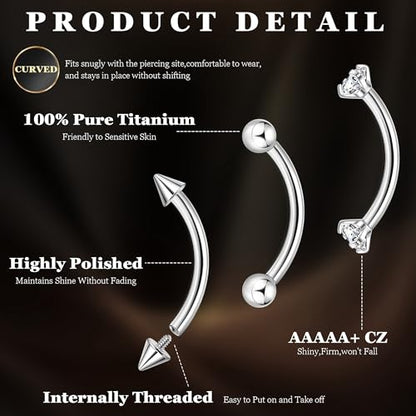 6PCS 16G G23 Titanium Eyebrow Piercing Jewelry for Women Curved Barbell Tiny Eyebrow Ring Vertical Labret Belly Lip Tongue Ring Internally Threaded Rook Tragus Daith Earring 6/8/10mm - color: Silver B