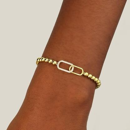 Beaded Bracelets for Women 14K Silver Gold Plated Stretch Handmade Ball Bracelets Cute Charm Bracelet Dainty Stackable Cross Heart Bow Wave CZ Circle Trendy Jewelry Easter Gifts - color: zirconia-square