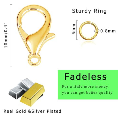 150Pcs Fadeless Lobster Claw Clasps (10mm) & Jump Rings for Jewelry Making, Necklace Bracelet Findings & Supplies (Mixed Color) - color: Mixed Color