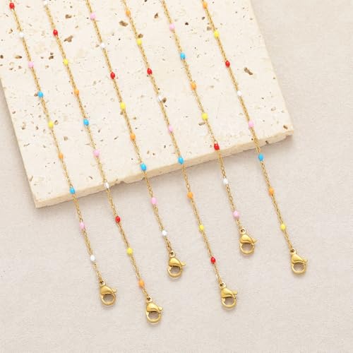 6 PCS Enamel Beaded Chains Bracelet Stainless Steel Link Bracelets | 6.7"+1.18", With Extender Chain, Fashion Jewelry Set, Gift For Women, Colorful, No Fade - color: Colorful Gold