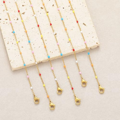 6 PCS Enamel Beaded Chains Bracelet Stainless Steel Link Bracelets | 6.7"+1.18", With Extender Chain, Fashion Jewelry Set, Gift For Women, Colorful, No Fade - color: Colorful Gold