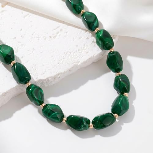Boho Chunky Beaded Necklace for Women Lightweight Resin Beads for Summer Beach & Vacation Trendy Statement Jewelry Gift for Her - color: Dark Green