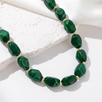 Boho Chunky Beaded Necklace for Women Lightweight Resin Beads for Summer Beach & Vacation Trendy Statement Jewelry Gift for Her - color: Dark Green