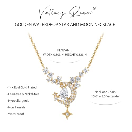 Valloey Rover Gold Star Necklace for Women: Danity 14K Gold Plated Star Moon Charm Pendant with Cubic Zirconia Choker Necklace for Women Trendy Jewelry Gift - color: moon star