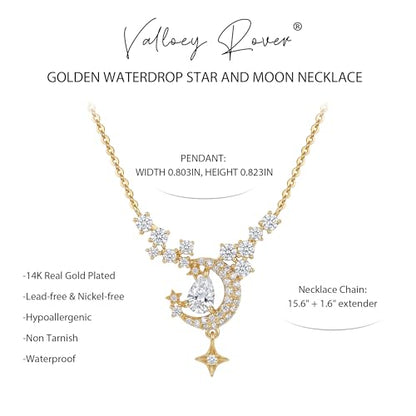 Valloey Rover Gold Star Necklace for Women: Danity 14K Gold Plated Star Moon Charm Pendant with Cubic Zirconia Choker Necklace for Women Trendy Jewelry Gift - color: moon star