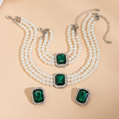 Wekicic Faux Pearl Necklace Earrings Set for Women Crystal Pearl Choker Necklace Bracelet Set 1920s Jewelry for Wedding Party - color: Green