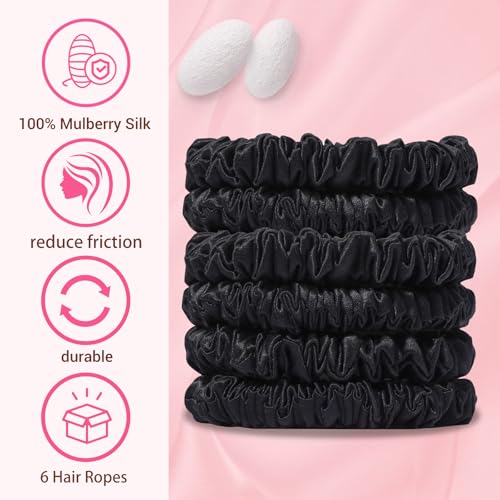 22 Momme 6PCS 100% Mulberry Silk Hair Ties Small Silk Scrunchies for Women Girls Curly Thick Thin Hair .Women's Black Cute Satin Sleepy Bulk Hair Tie Scrunchie Sleep - color: Small Silk Hair ties Style 1