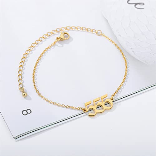 PAMTIER Angel Number Ankle Bracelet for Women Adjustable Chain | Stainless Steel, Dainty Simple Numerology Jewelry Gift - color: 5.5+2.8inch, Gold 555