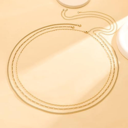CHESKY 14K Gold Plated Silver Plated Waist Chain for Women, Layered Belly Belt Chains Beach Waist Beads Chain Waterproof Snake Cuban Body Chain Summer Jewelry Accessories for Women - style: 3layer-gd