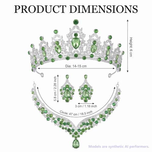 Kamirola Bridal Wedding Tiara Crown Jewelry Set for Women/Brides/Bridesmaids Crystal Jewelry Set for Wedding Prom Party Bridal Crystal Necklace Earrings Bracelet Set(TR60) - color: Silver Light Green