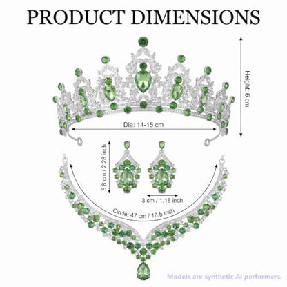 Kamirola Bridal Wedding Tiara Crown Jewelry Set for Women/Brides/Bridesmaids Crystal Jewelry Set for Wedding Prom Party Bridal Crystal Necklace Earrings Bracelet Set(TR60) - color: Silver Light Green