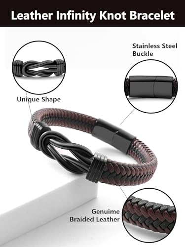 Mens Black Braided Leather Bracelet, Green/Red/Brown/Black Braided Leather Infinity Knot Bracelets for Men with Stainless Steel Clasp, 7.5/8.5/9in Length - color: 02-Black&Brown