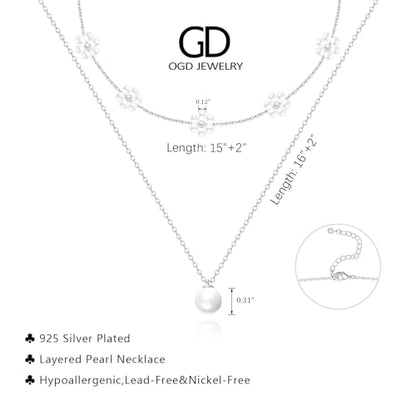 OGD Gold Pearl Necklace Set for Women 14K Plated Layered Daisy Choker Gift - color: 2PCS-Daisy Pearl-Silver