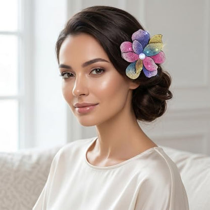 3.74 Inches Rhinestone Camellia Flower Brooch Pins & Hair Clips for Women Elegant Created Crystal Lapel Pin Brooches Wedding Party - color: Colorful