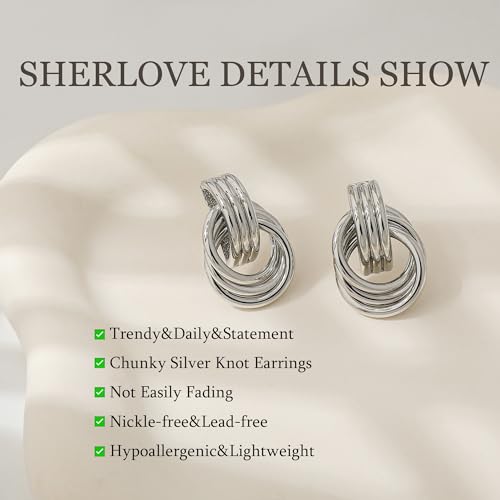 SHERLOVE Chunky Knot Gold Earrings Women Statement Drop Dangle Earrings | 14K Gold Plated Hypoallergenic Lightweight,Trendy Dainty Elegant Cute,Women Gold Jewelry Fashion Accessories Gifts - color: Knot Silver A