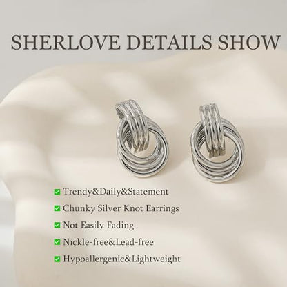 SHERLOVE Chunky Knot Gold Earrings Women Statement Drop Dangle Earrings | 14K Gold Plated Hypoallergenic Lightweight,Trendy Dainty Elegant Cute,Women Gold Jewelry Fashion Accessories Gifts - color: Knot Silver A