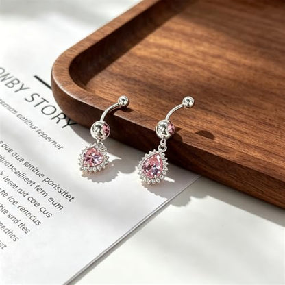 14G Heart and Waterdrop Dangle Belly Button Rings | Stainless Steel, Pink CZ, Dangle Charm Belly Rings, Navel Piercing Barbell, Body Piercing Jewelry - color: Silver