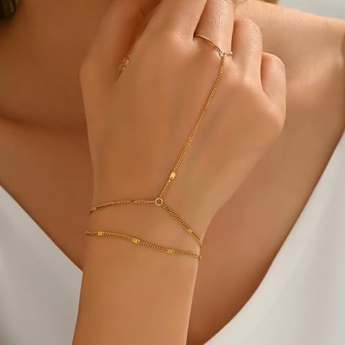 Dainty 18K Gold Plated Tiny Bracelets with Finger Ring for Women | Waterproof Hypoallergenic Adjustable Hand Harness Chain Jewelry - color: Double Layer Dot-GD